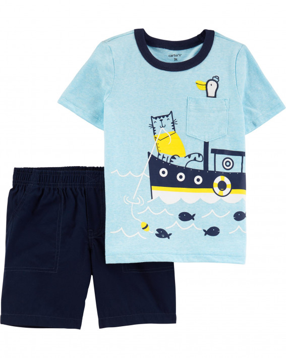 2 Parça Qayıq Qar İplik Tee & Poplin Şort