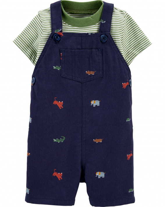 2-Piece Striped Tee & Animal Shortall Set