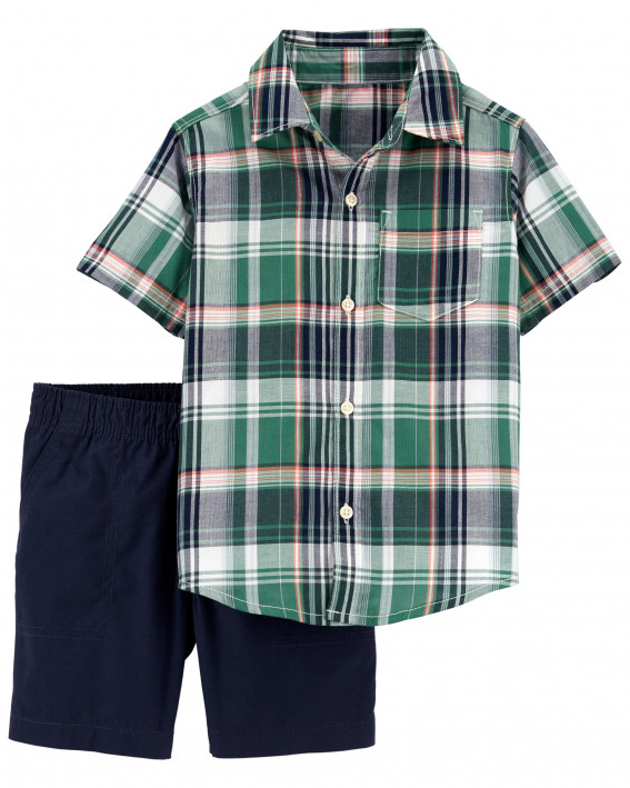 2-Piece Plaid Button-Front Shirt & Short Set
