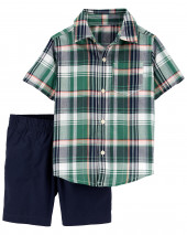 2-Piece Plaid Button-Front Shirt & Short Set