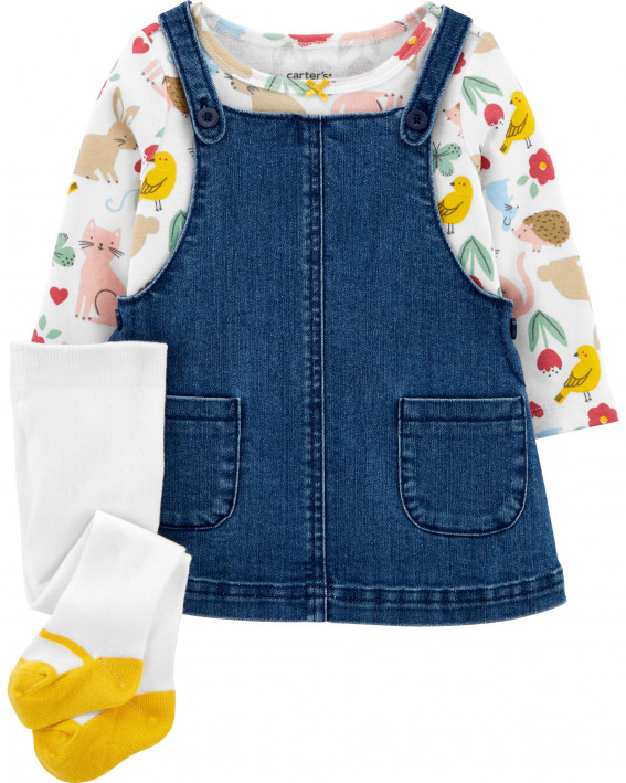 3 Parçalı Tee və Denim Jumper Set  Комплект из 3 футболок и джинсового джемпера