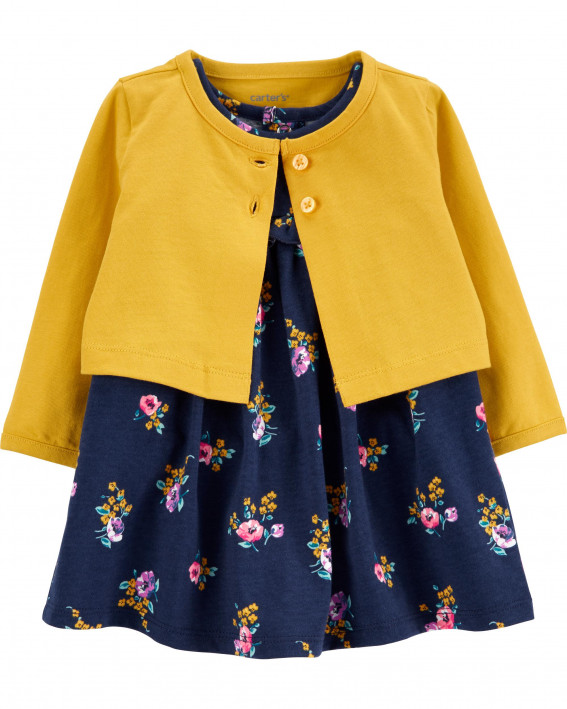 2-Piece Floral Bodysuit Dress & Cardigan Set
