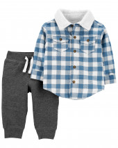 2-Piece Plaid Button-Front Top & Fleece Pant Set